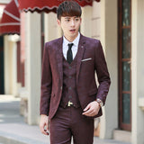 Burgundy Suit Fall Winter Fashion Handsome Suit Pants Vest Three-Piece Coat Popular Suit