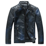 Two Tone Leather Jacket Autumn and Winter Stand Collar Motorcycle Men PU Leather Coat