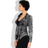Punk Leather Jacket with Spikes Rivet Zipper Stitching Dovetail Denim Motorcycle Slimming Coat