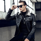 Hand Painted Leather Jackets Men's Fur PU Leather Jacket Motorcycle Winter Thick Leather Coat