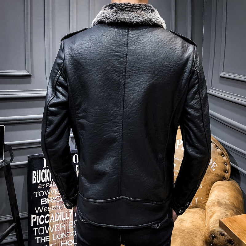 Hand Painted Leather Jackets Men's Fur PU Leather Jacket Motorcycle Lapel Men's Thick Leather Coat