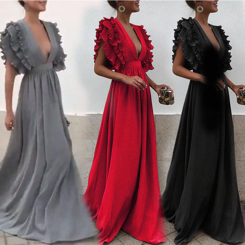 Bohemian Chic Wedding Dress Women's Dress Sexy V-neck Ruffle Sleeve Dress