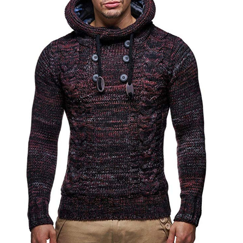 Men's Fashion Stand Collar Hoodie with Drawstrings Knitwear Sweater Leisure Pullover Sweater Men Pullover Sweater