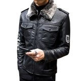 Hand Painted Leather Jackets Men's Fur PU Leather Jacket Motorcycle Lapel Men's Thick Leather Coat