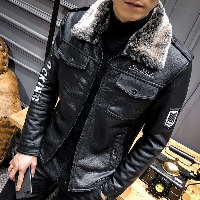 Hand Painted Leather Jackets Men's Fur PU Leather Jacket Motorcycle Lapel Men's Thick Leather Coat
