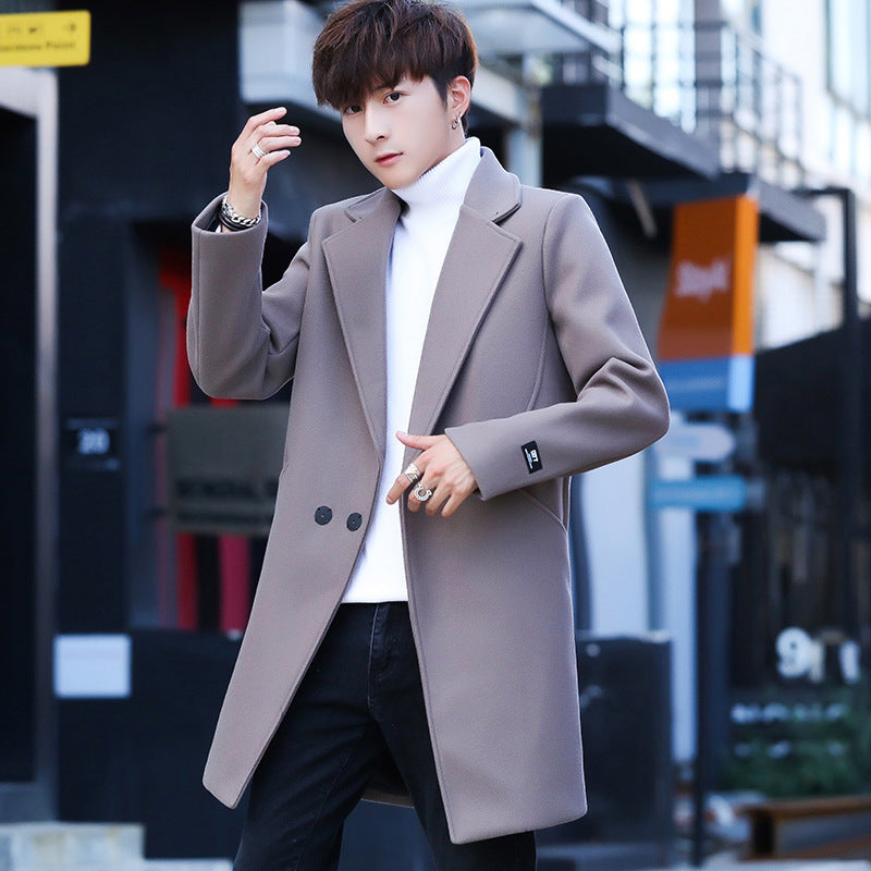 Men's Autumn Men's Casual Slim-Fit Woolen Coat Mid-Length Trench Coat Men's Spring Trench Coat