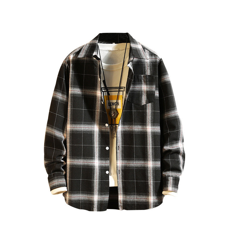 Men's Retro Trendy Striped Plaid Shirt Men's Fashion Casual Loose Long Sleeve Top Trendy Men Shirt