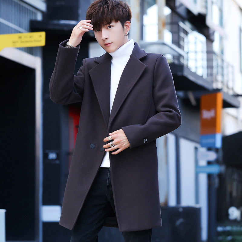 Men's Autumn Men's Casual Slim-Fit Woolen Coat Mid-Length Trench Coat Men's Spring Trench Coat