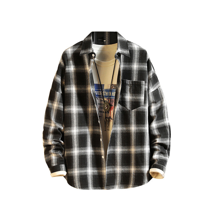 Retro Trendy Men's Striped Plaid Shirt Men's Casual Fashion Loose-Fitting Long Sleeves Top Trendy Men's Shirt