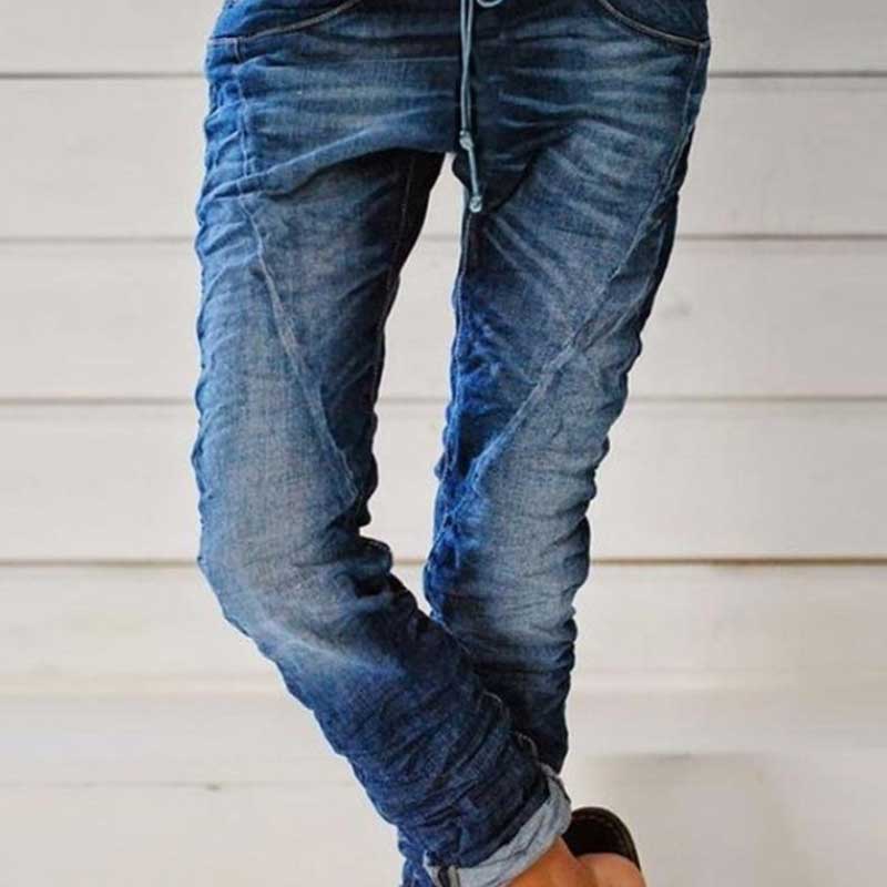100 Cotton Jeans Women Ripped Denim Drawstring Elastic Waist Washed Women's Casual Pants