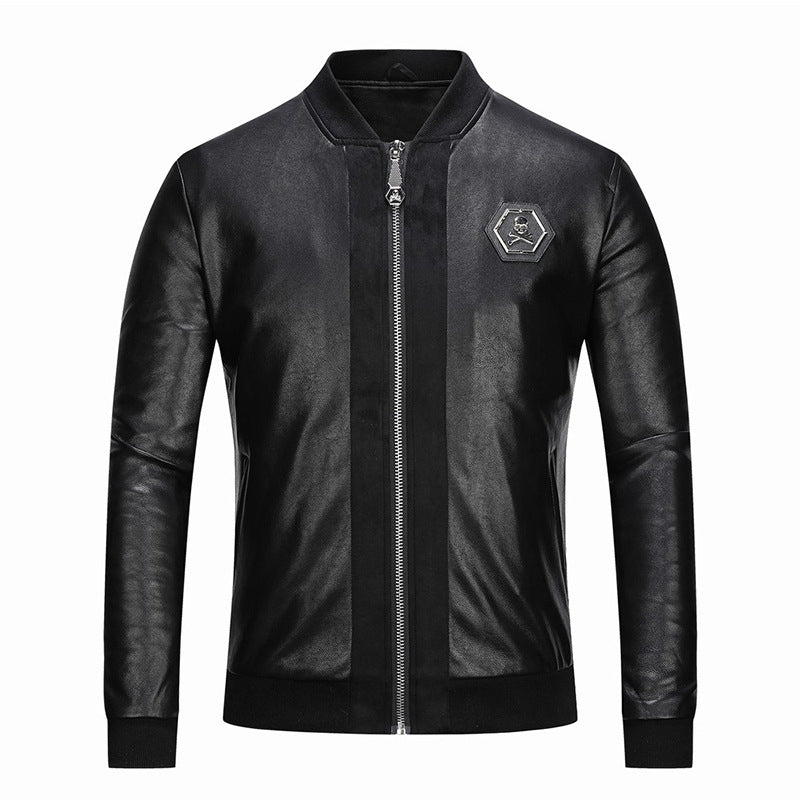 Men's Skull Embroidery Leather Thick Baseball Collar Leather Imitation Leather Motorcycle Leather Coat Men's Pu Jacket