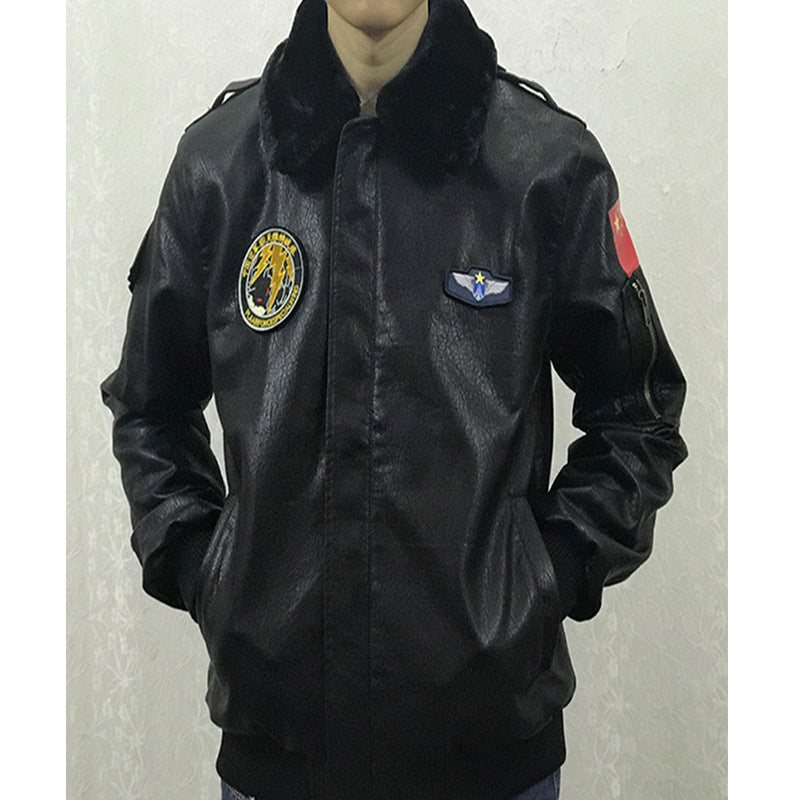 1970S East West Calfskin Motorcycle Jacket, Winter Fleece-Lined Thickened Zhang Zai Embroidery Flight Leather Jacket Coat