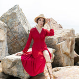 Red Peasant Dress Lace Patchwork Waist-Slimming White Long Sleeve Dress