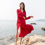 Red Peasant Dress Lace Patchwork Waist-Slimming White Long Sleeve Dress