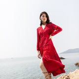 Red Peasant Dress Lace Patchwork Waist-Slimming White Long Sleeve Dress