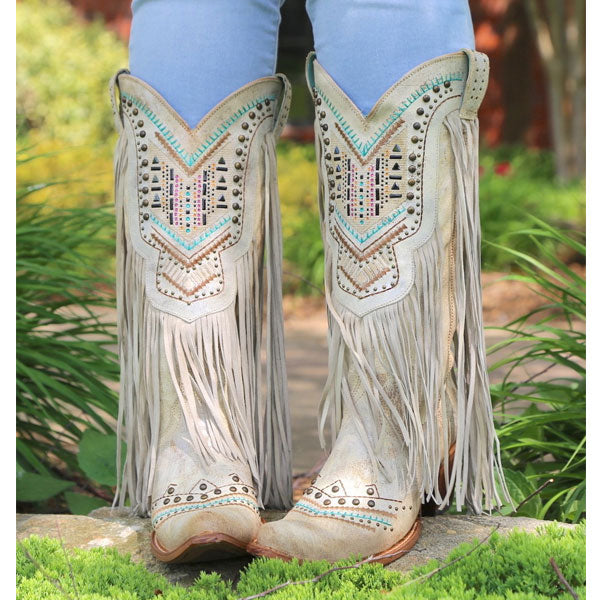 Beyonce Coachella Boots Pointed Toe Dr. Martens Boots Mid-Calf Viscose Shoes Tassel Boots Ethnic Retro Women's Shoes