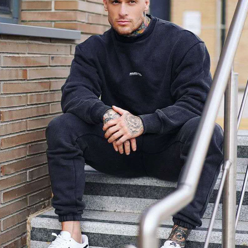 Men's Sports Hoodie Men Sweatshirts Fitness Male's Hoodies Sports T-shirt Men's Long Sleeve Autumn and Winter Double-Sided Velvet Thermal round-Neck plus Size Loose