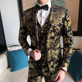 Men Dress Coat Fall Bronzing Printed Host's Dress Slim Fit Fashion Trendy Three-Piece Set