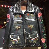 Women Leather Jacket with Patches Autumn and Winter Rivet Embroidered Motorcycle Long Sleeve Lapel Student Coat Leather Coat
