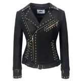 Spiked Leather Jacket Women's Lapel Zipper Leather Jacket Punk Rivet Pu plus Size Coat