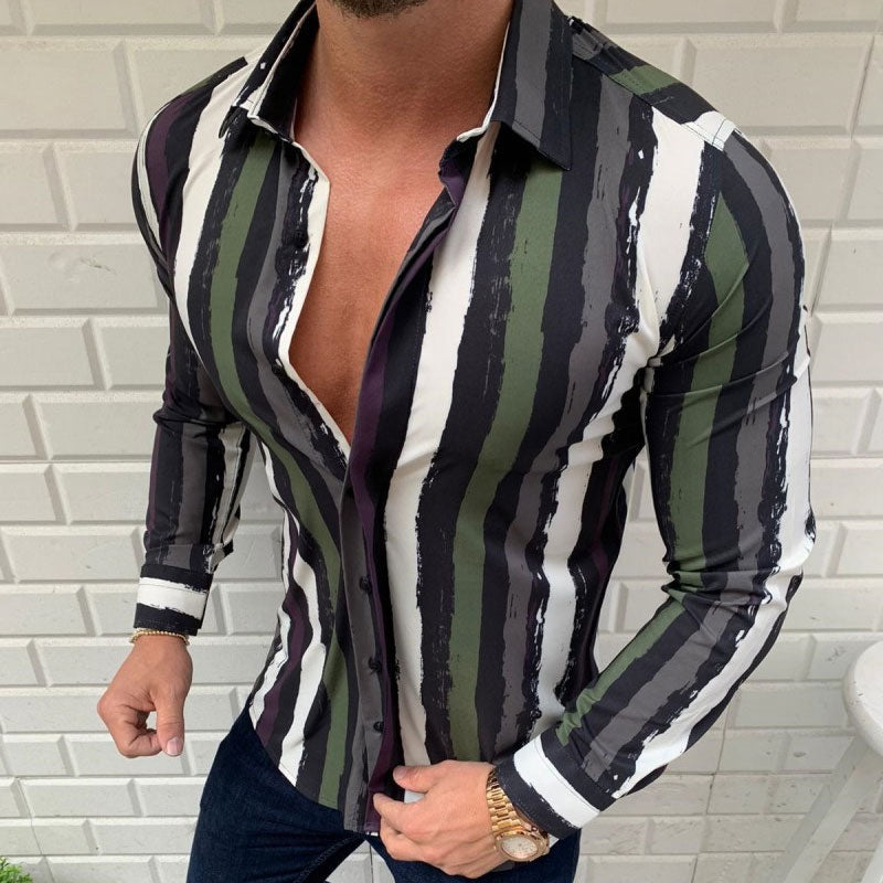 Men's Slim-Fitting Cool Striped Long Sleeve plus Size Retro Sports Youth Fashion Trends Casual Men Shirt