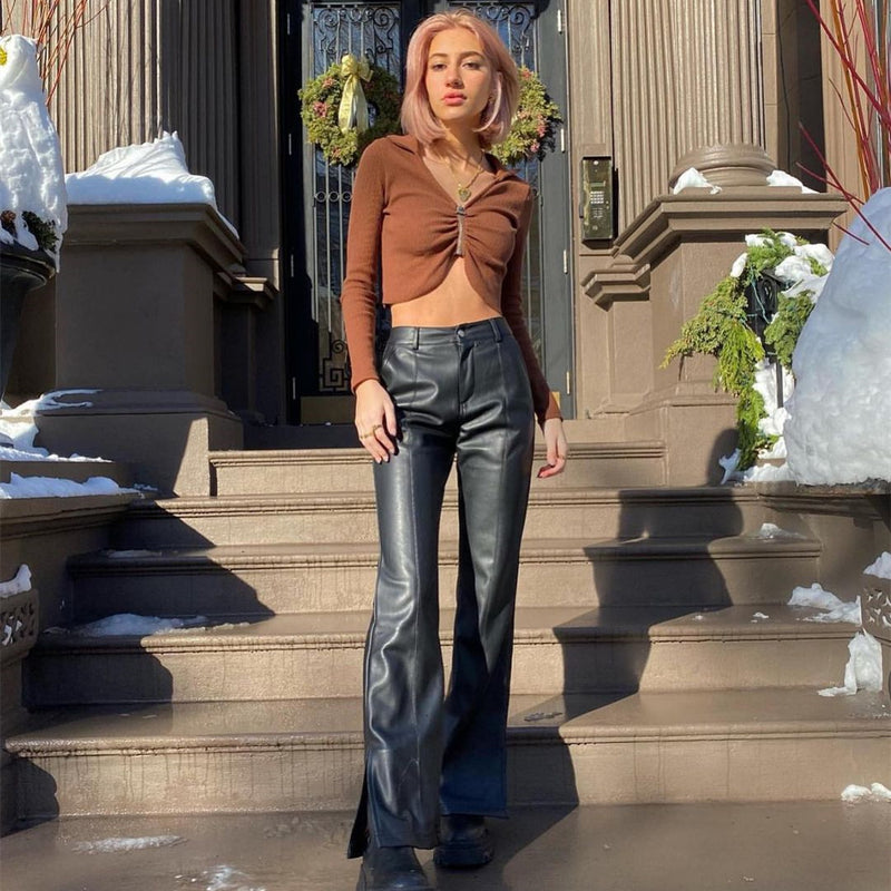 Black Leather Pants Women's High Elastic PU Leather Pants Bell-Bottom Pants Women's Pants