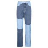 100 Cotton Jeans Women Summer Hip-Hop Street Color Contrast Patchwork Straight Casual Trousers