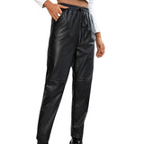 Black Leather Pants Casual Loose Motorcycle PU Leather Trousers Elastic Leather Pants Women