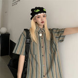 Harajuku Clothing Men's Casual Shirts Summer Vintage Stripe Short Sleeve Loose Shirt Men's and Women's Casual Cardigan Top