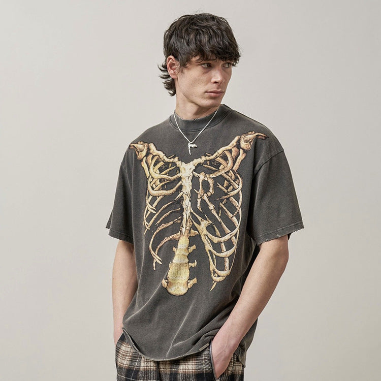 Present Letter Print T Shirt Present Skeleton Print High Street Retro Washed Distressed Vintage Casual Loose Couple Short Sleeve T-shirt