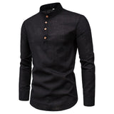 Men's Spring Shirts Casual Collar Tops Shirt Spring and Autumn Cotton Linen Long Sleeve Blouse Men's Solid Color Stand Collar Shirt Fashion