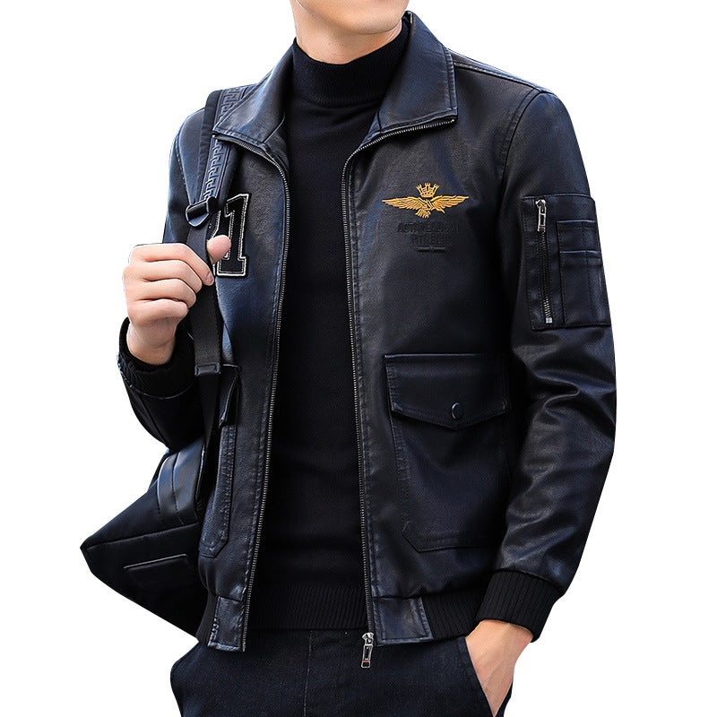 Hand Painted Leather Jackets Autumn and Winter Men's Coat Fleece Padded Coat Motorcycle Clothing