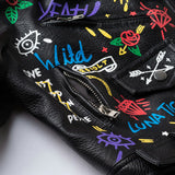 Azalea Wang Graffiti Moto Jacket Leather Women's Summer Motorcycle Jacket Yarn Woven Half Sleeve Slim-Fit Leather Coat