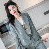 Women Pants Suit Uniform Designs Formal Style Office Lady Bussiness Attire Short Fashion Slim Fit Small Suit Jacket Striped