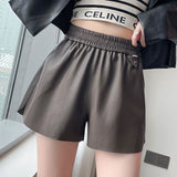 Leather Shorts Elastic Waist Pu Women's Autumn and Winter A- line Loose Wide Leg Pants Outer Wear Casual Boot Pants