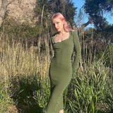 Green Fairycore Dress Fall Fashion Women's Wear round Neck Long Sleeve Narrow Slim Fit Slimming Dress