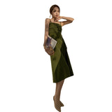 Green Fairycore Dress Summer Mid-Length Avocado Green Fairy Dress A- line Waist Fitted Drawstring Sling Holiday Dress