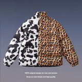 Men Fall Outfits High Street Thickened Cotton-Padded Coat Cow Leopard Print Color Matching Bread Coat Loose Couple Jacket Coat