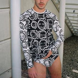 Rave Outfits Mens Shorts 2 Piece Set Long Sleeve Stretch-Fit T-shirt Sexy Print Casual