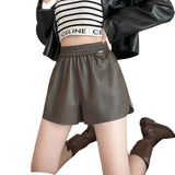 Leather Shorts Elastic Waist Pu Women's Autumn and Winter A- line Loose Wide Leg Pants Outer Wear Casual Boot Pants