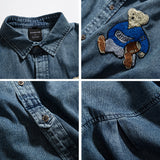 Men Shacket Long Sleeve Autumn Shirt Fall Lapels Washed Denim Shirt Cartoon Coat Loose Top