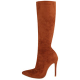 Coachella Festival Boots Spring Leather Boots Pointed-Toe Side Zip Suede Stiletto Heel Mid-Calf Stretch Boots