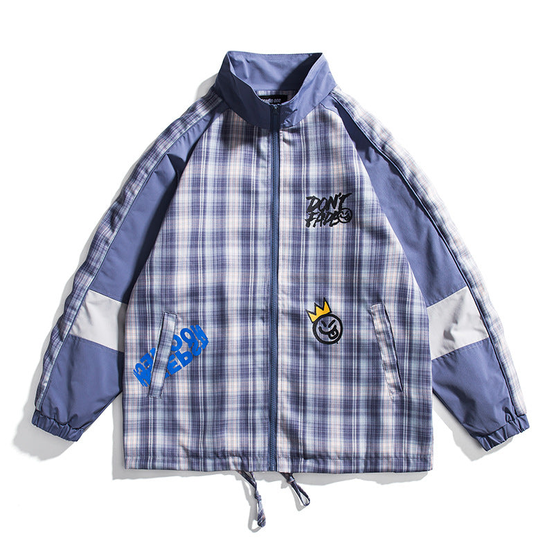 Spring plus Size Retro Sports Plaid Stitching Stand-up Collar Jacket Male Neutral Couple Student Coat Men Jacket