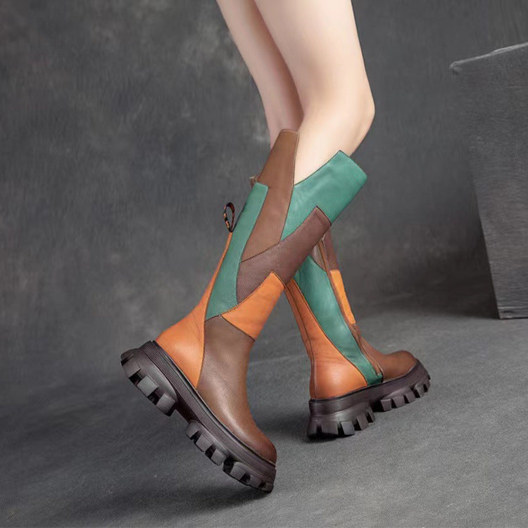 Coachella Ankle Boots Autumn Winter Retro Martin Boots Color Matching Round Head Artificial Hair Cotton Boots