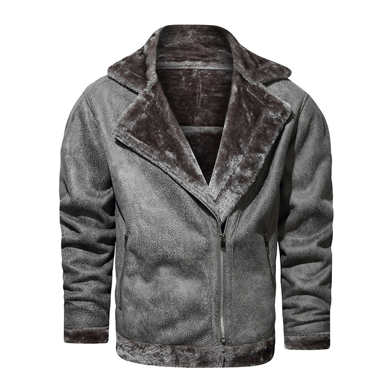1970 East West Leather Jacket Fur One-Piece Fleece-Lined Men's Retro Biker's Thermal and Windproof Zipper Jacket