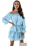 Red Peasant Dress Autumn Solid Color off-Shoulder Irregular Dress