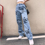 100 Cotton Jeans Women Printed Butterfly Jeans Women Loose Wide Leg Pants Mop Pants Trousers