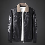 Two Tone Leather Jacket Men's Printing Lapel Leather Coat Men's Fleece-Lined Thickened Leather Jacket Coat Handsome Warm Motorcycle Leather Coat One Piece Dropshipping