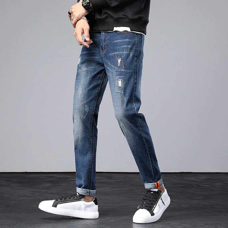 Men Distressed Jeans Man Ripped Jean Destructed Denim Pants Men Summer Jeans Spring Slim-Fitting Stretch Ripped Jeans Large Size Retro Sports Trousers Men