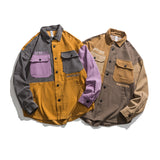 Men Shacket Long Sleeve Autumn Shirt Autumn Leisure Simple Color Stitching Turnover Neck Embroidered Jacket